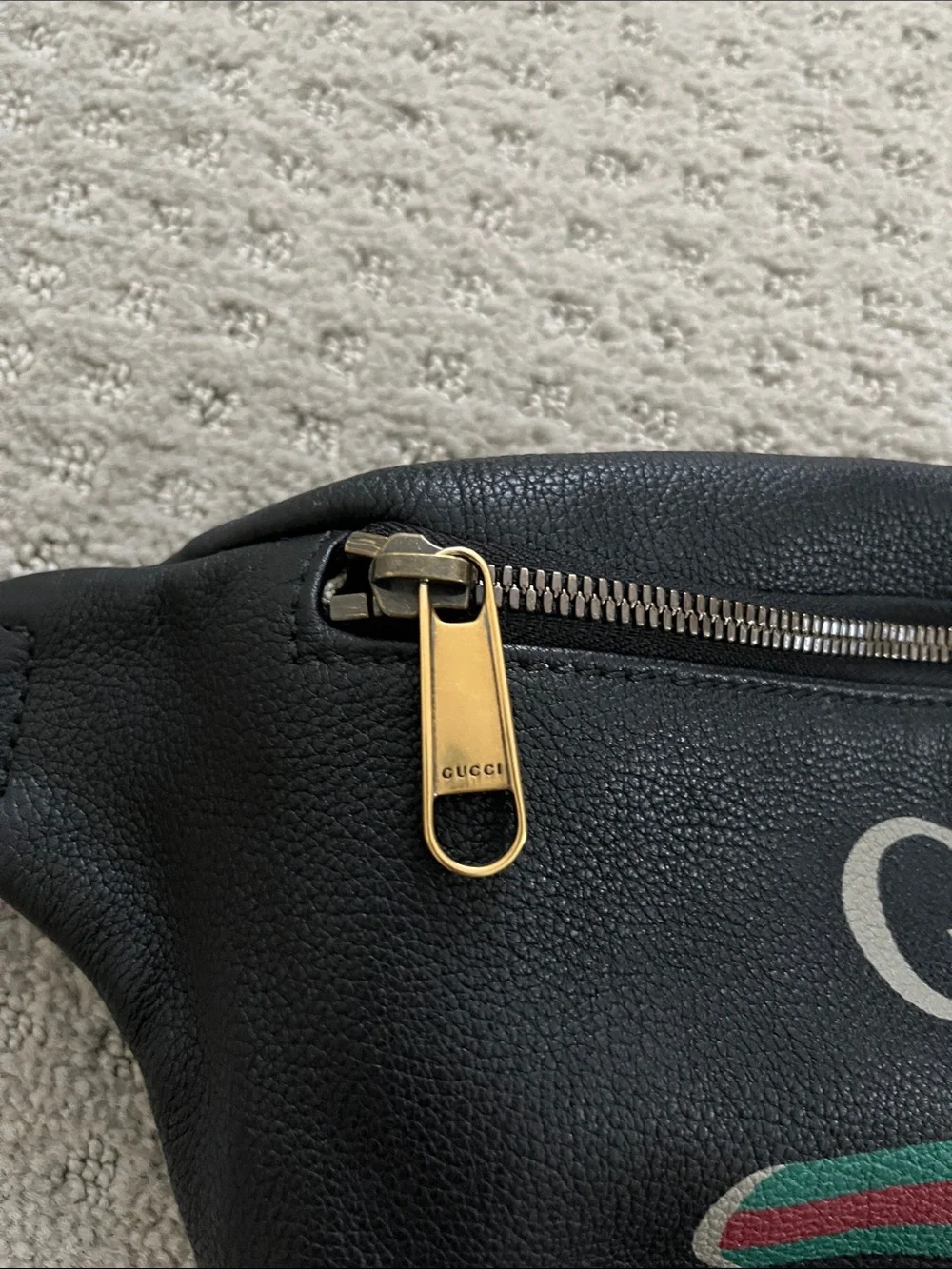 Authentic Gucci Black Leather Belt Bag with Green-Red Web and Gold Hardware